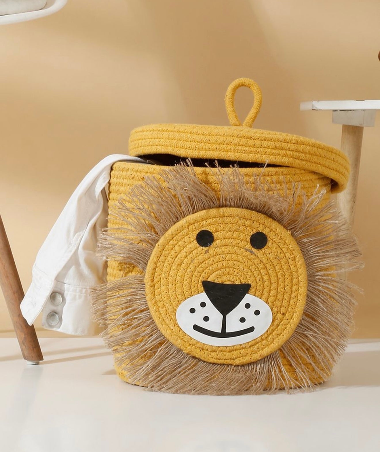 Lion Face Storage Basket with Lid – Woven Cotton Rope Kids Laundry & Toy Organizer