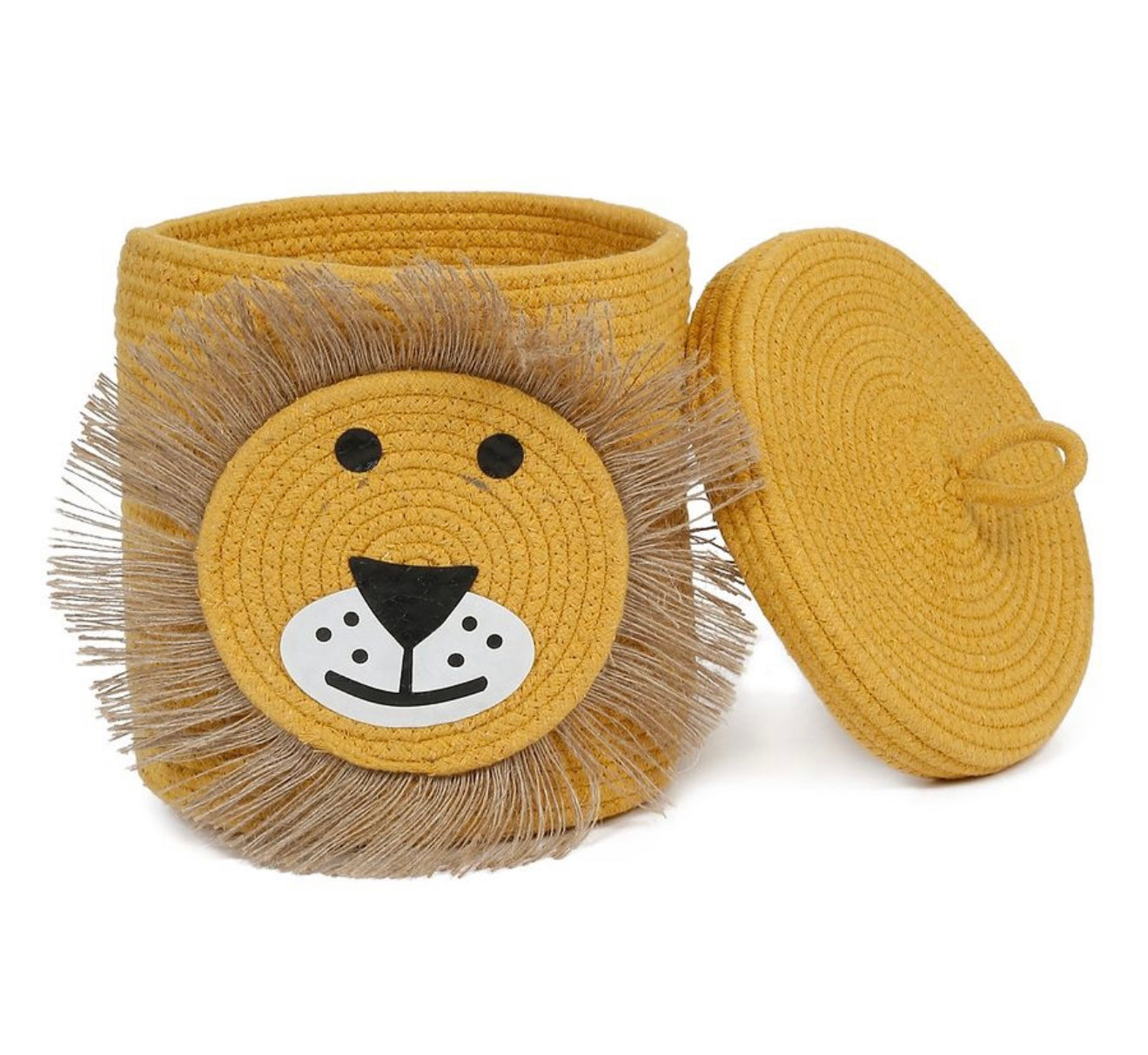 Lion Face Storage Basket with Lid – Woven Cotton Rope Kids Laundry & Toy Organizer
