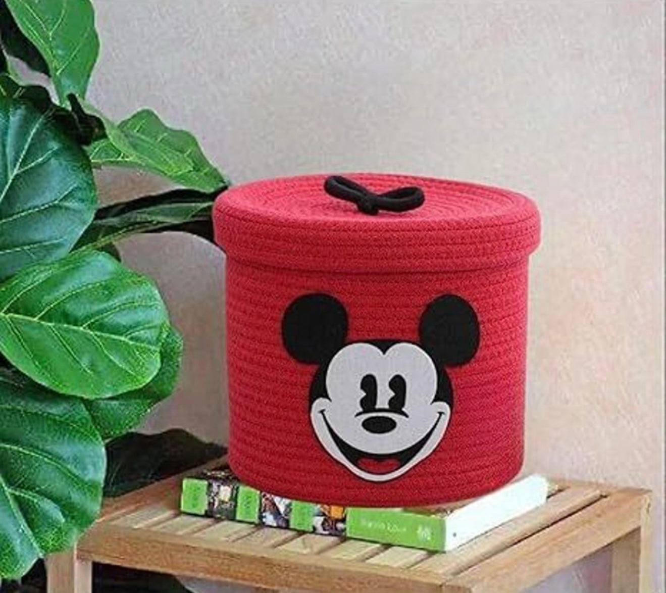 Mickey Cartoon Storage Basket – Round Rope Organizer with Lid for Toys & Clothes
