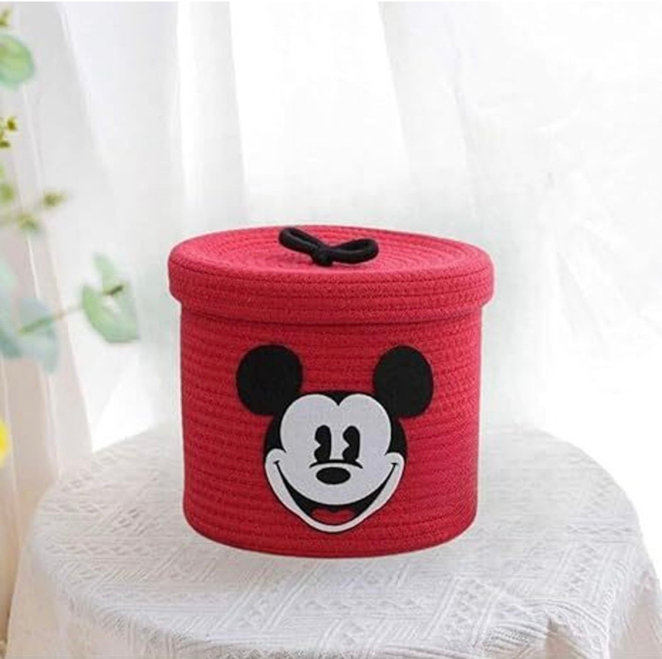 Mickey Cartoon Storage Basket – Round Rope Organizer with Lid for Toys & Clothes