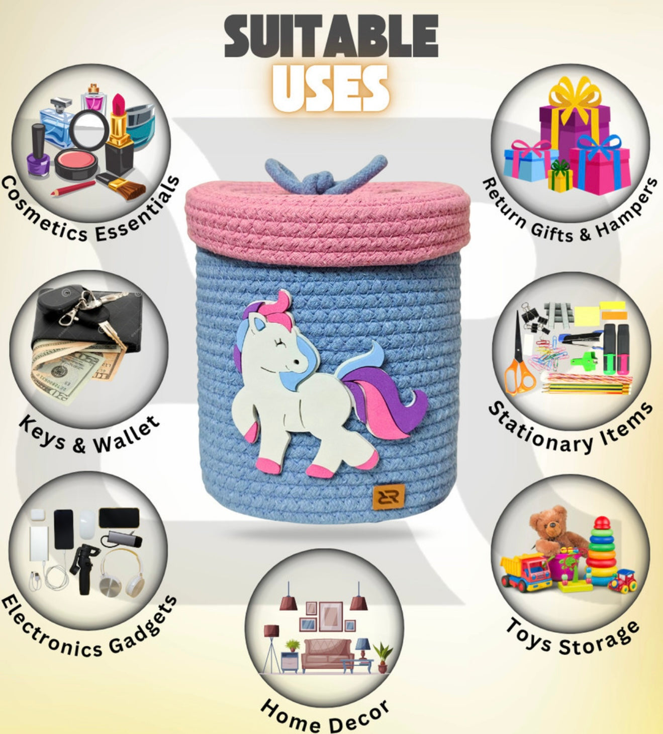 Unicorn Woven Storage Basket – Cute Rope Organizer with Lid for Kids Room & Nursery