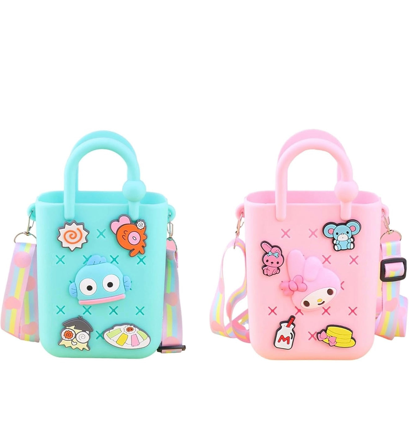 Cute Silicone Mini Tote Bag with Decorative Pins, DIY Customizable Design, Holographic Strap (Pack of 1, Color may vary)