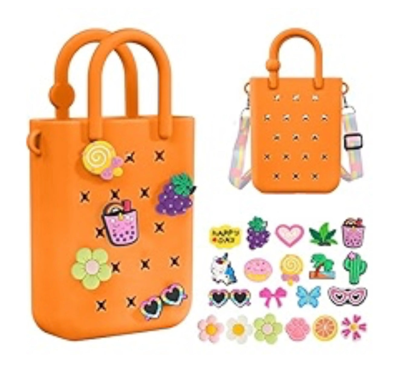 Cute Silicone Mini Tote Bag with Decorative Pins, DIY Customizable Design, Holographic Strap (Pack of 1, Color may vary)