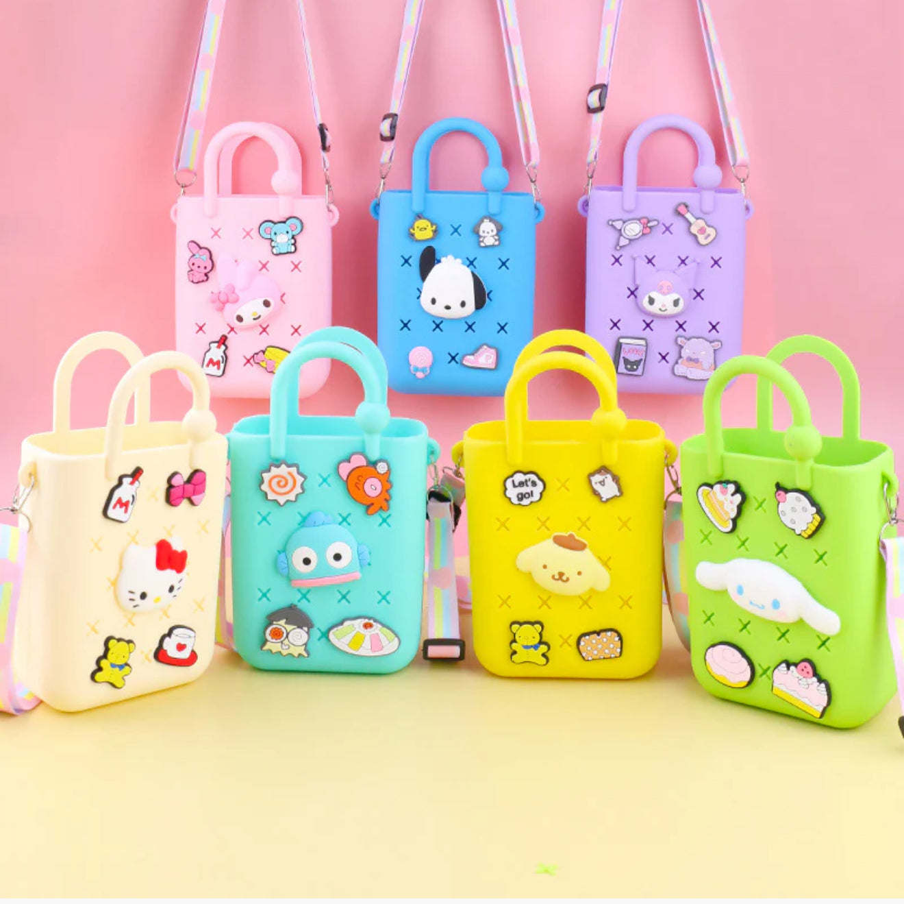 Cute Silicone Mini Tote Bag with Decorative Pins, DIY Customizable Design, Holographic Strap (Pack of 1, Color may vary)
