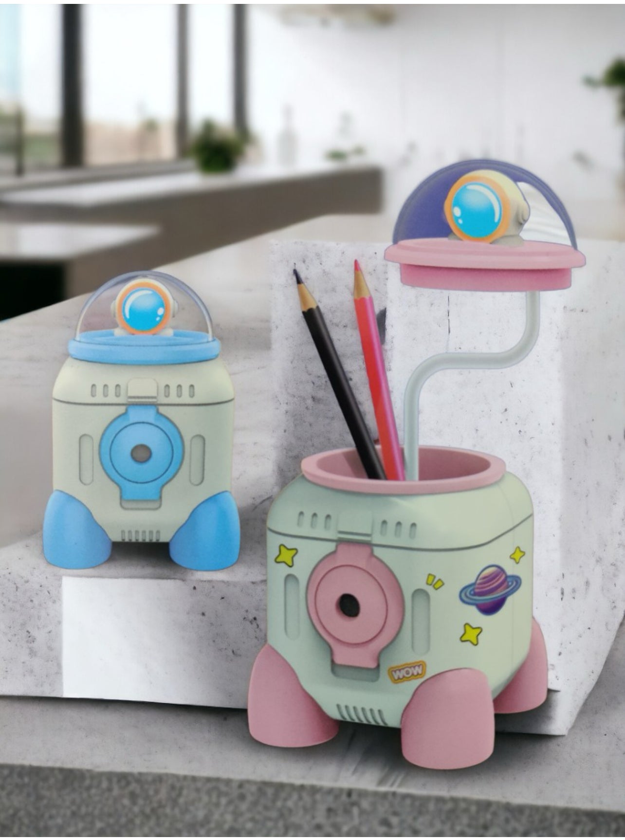 Rocket Shaped Pen Stand With Lamp and Sharpener (Colour may vary)