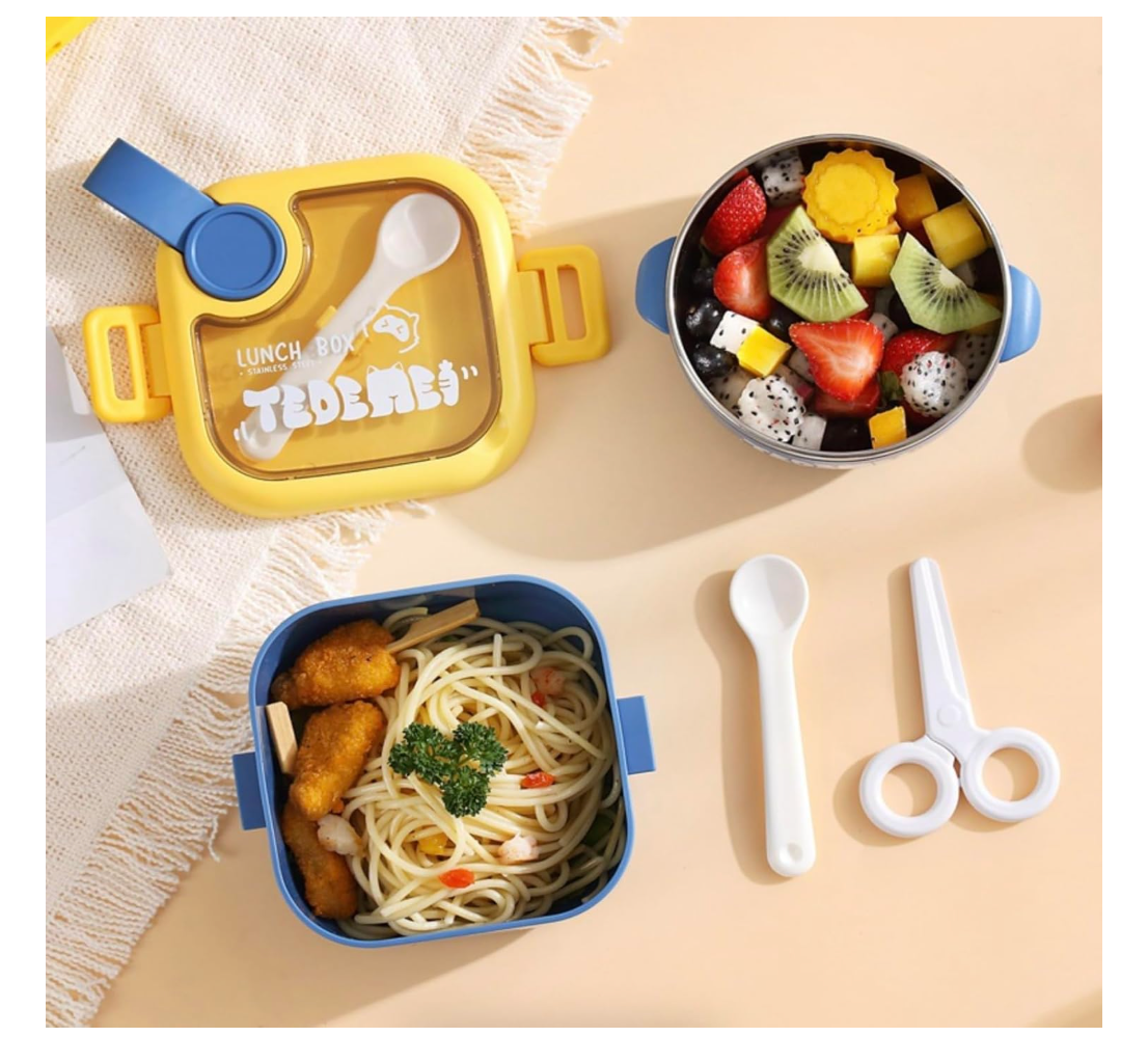 Stainless Steel Lunch Box With Bowl, Spoon and Scissors (Yellow and Blue )