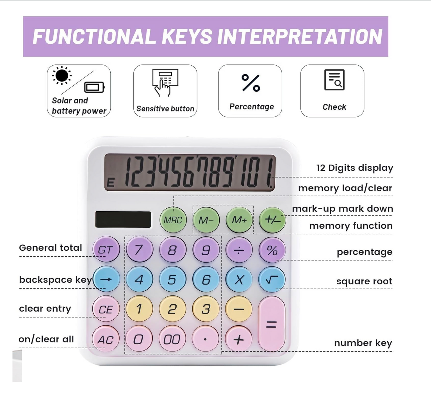 12 Digit Extra Large 5-Inch LCD Display Pastel Calculator