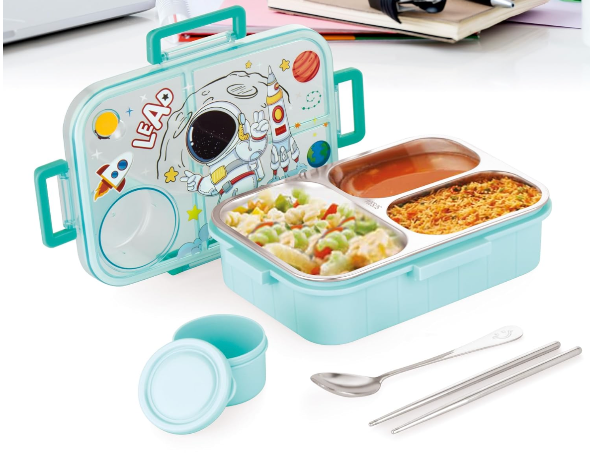 3 Compartment Space Lunch Box With Container, Spoon And Chopsticks