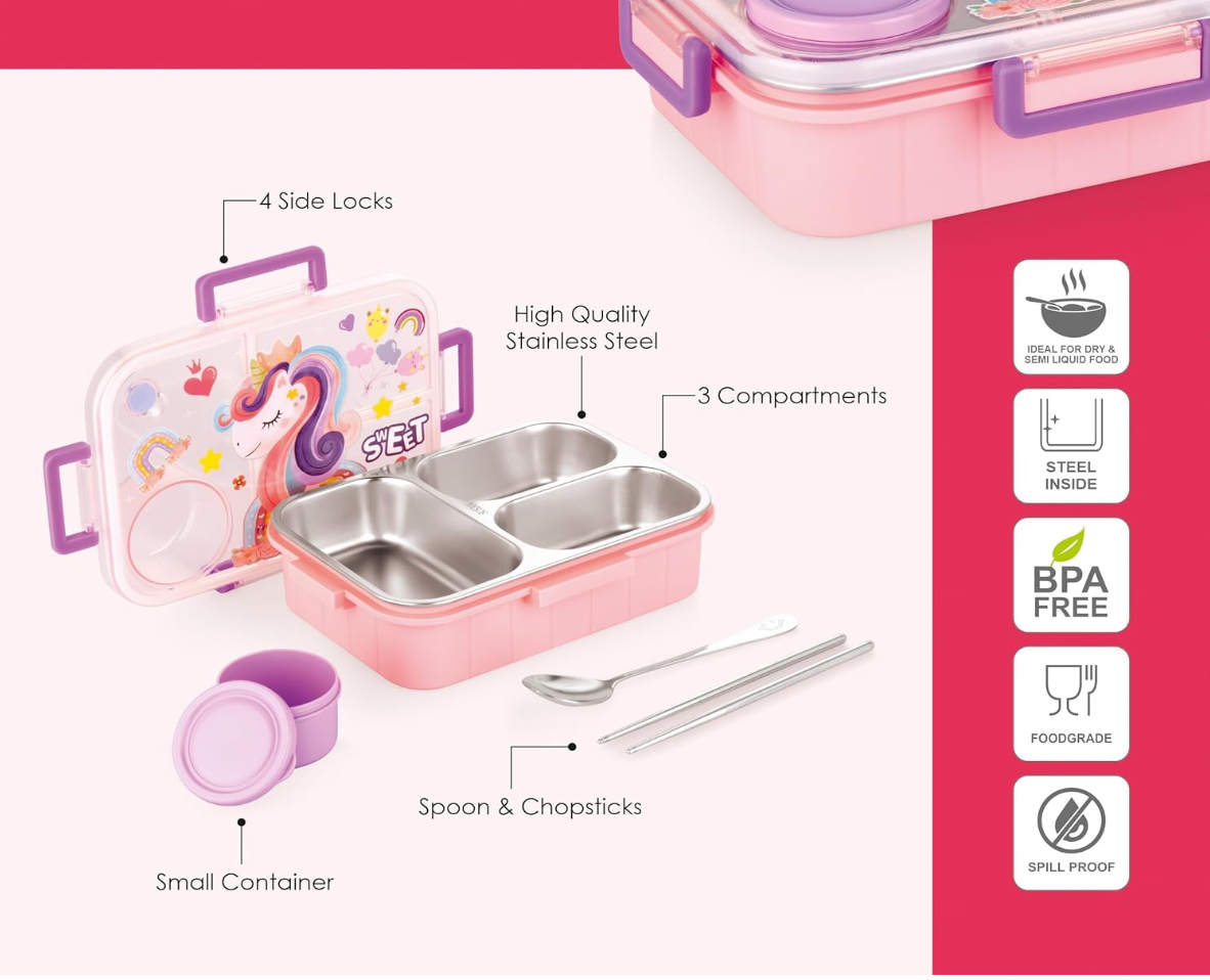 3 Compartment Unicorn Lunch Box With Container, Spoon And Chopsticks