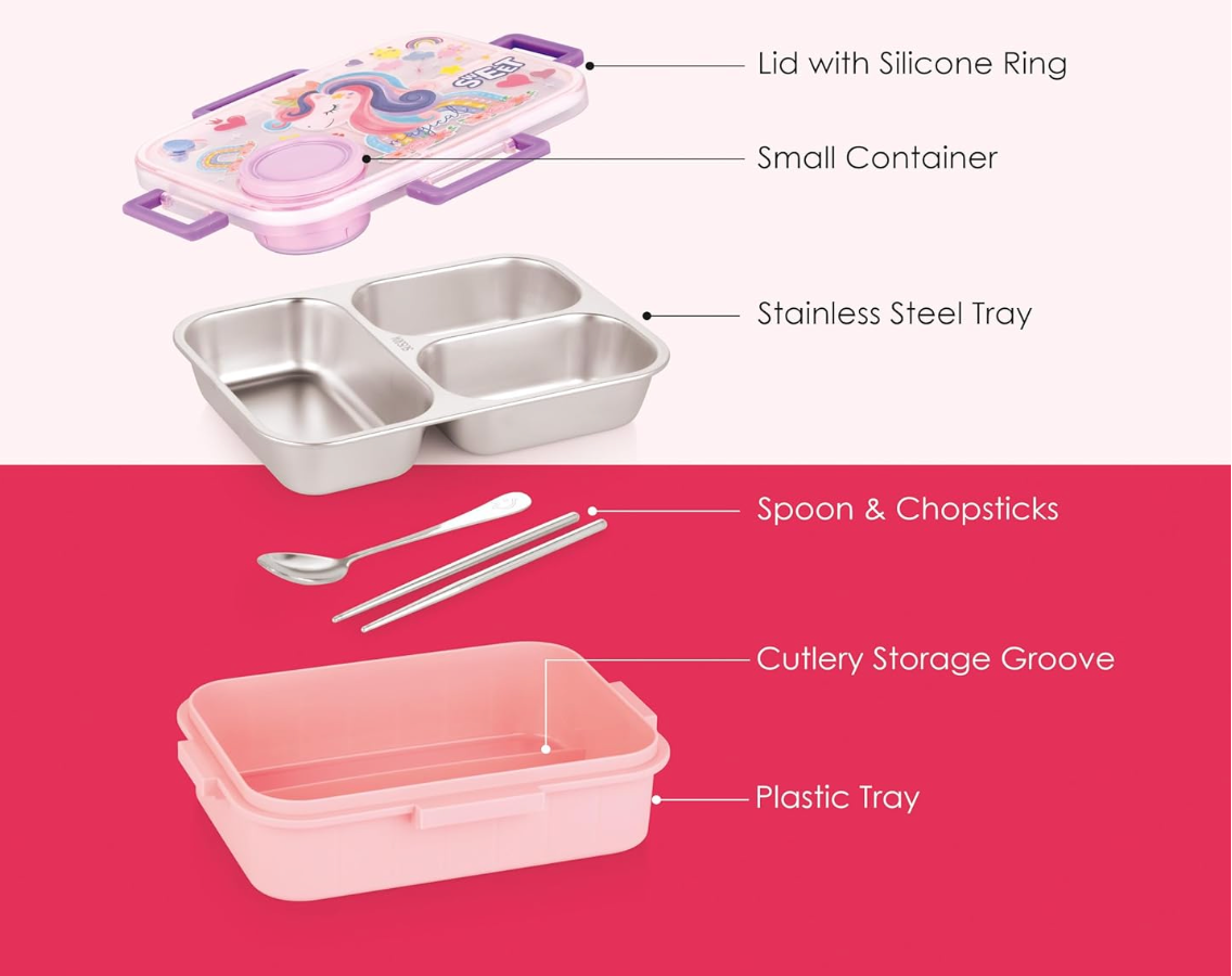 3 Compartment Unicorn Lunch Box With Container, Spoon And Chopsticks