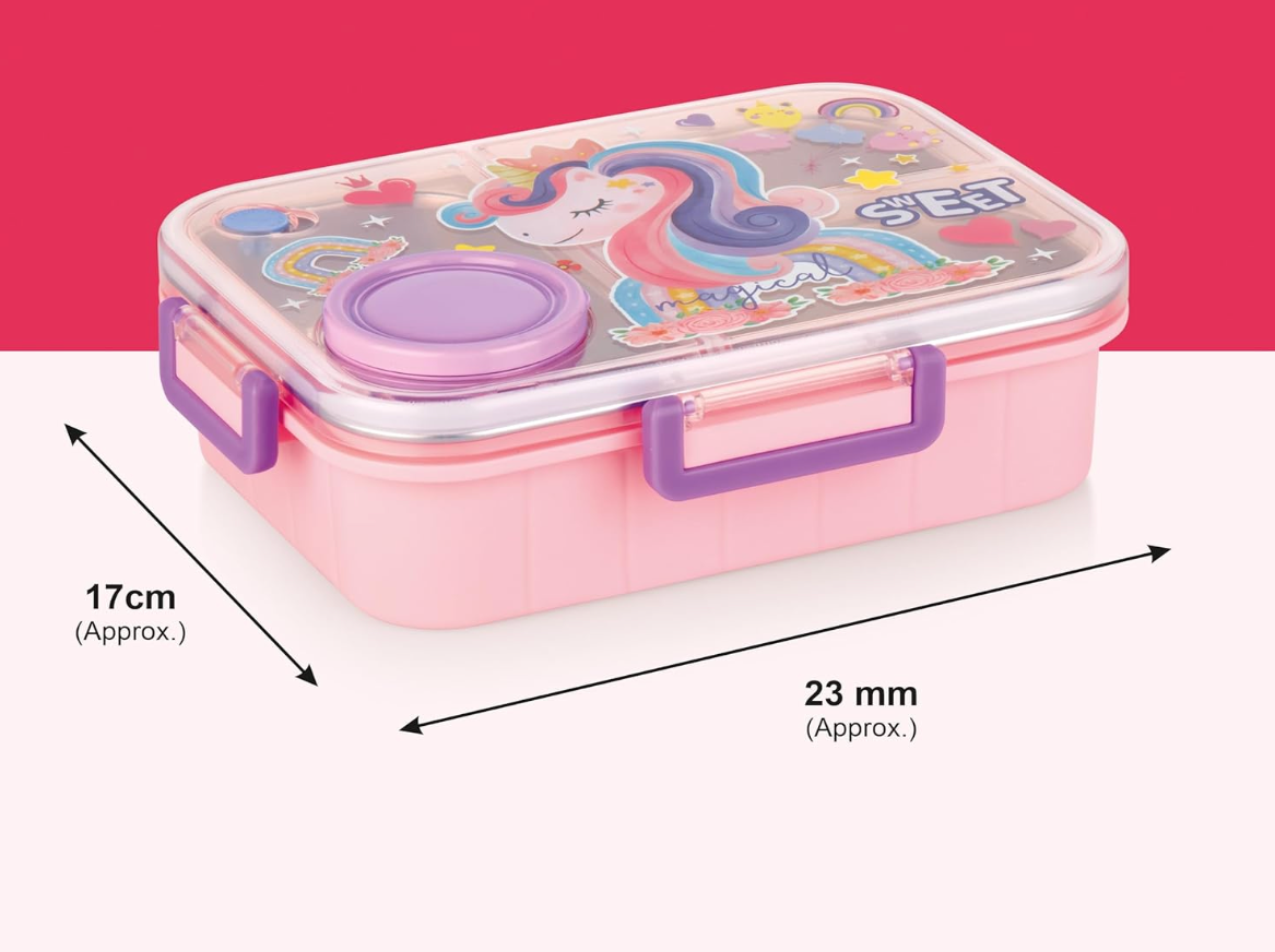 3 Compartment Unicorn Lunch Box With Container, Spoon And Chopsticks