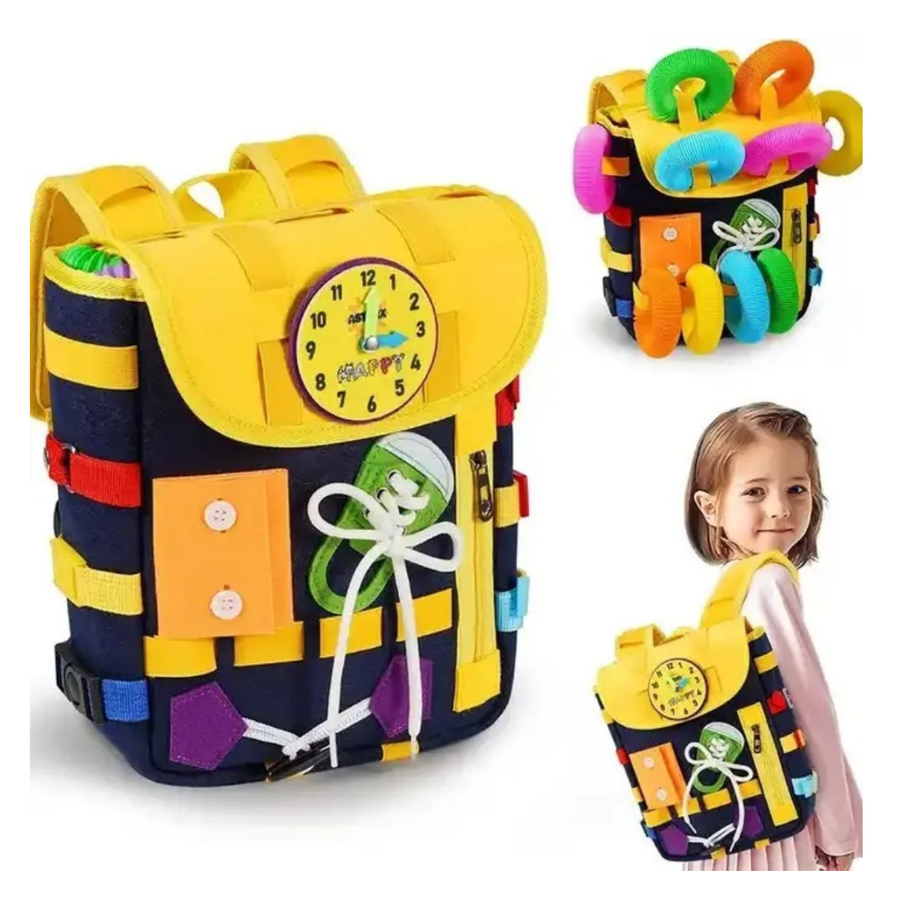Kids Activity Learning Backpack – Montessori Busy Bag with Educational Toys, Clock & Shoelace Practice