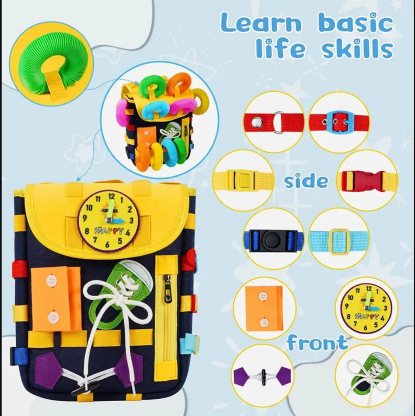 Kids Activity Learning Backpack – Montessori Busy Bag with Educational Toys, Clock & Shoelace Practice
