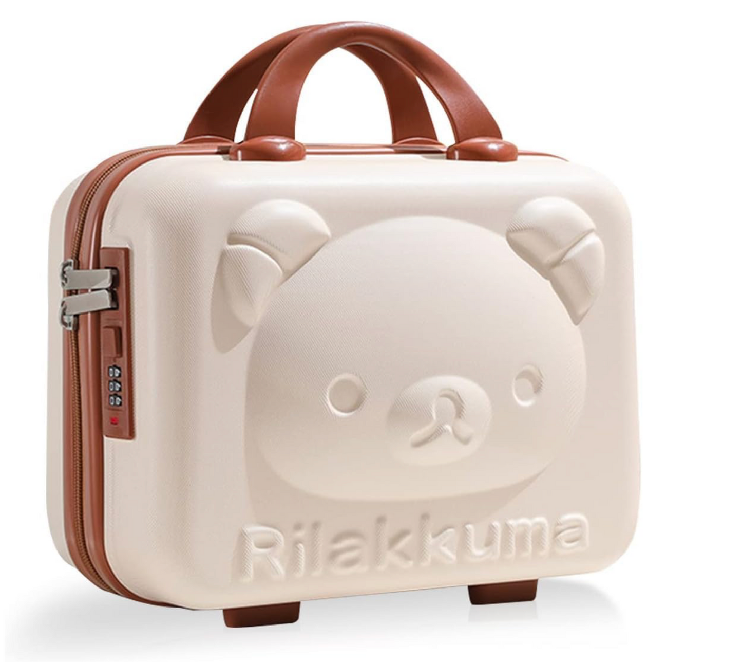 Hard Shell Travel Vanity Case, White with Brown Trim, Combination Lock, Dual Handle,Cosmetic Bag Travel 