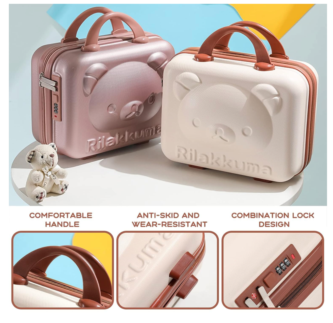 Hard Shell Travel Vanity Case, White with Brown Trim, Combination Lock, Dual Handle,Cosmetic Bag Travel 