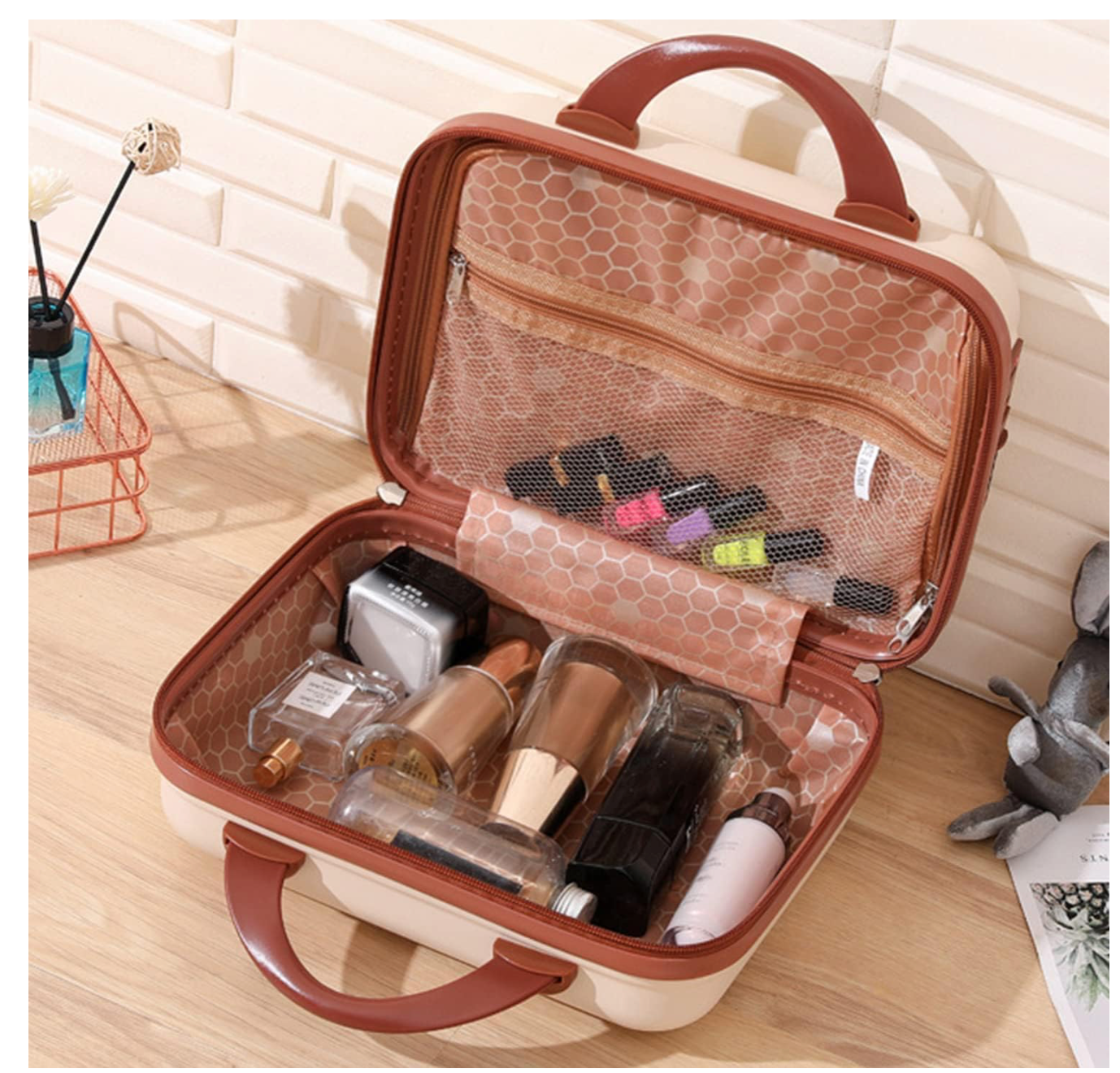 Hard Shell Travel Vanity Case, White with Brown Trim, Combination Lock, Dual Handle,Cosmetic Bag Travel 