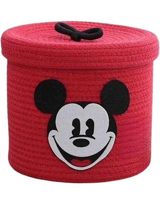 Mickey Cartoon Storage Basket – Round Rope Organizer with Lid for Toys & Clothes