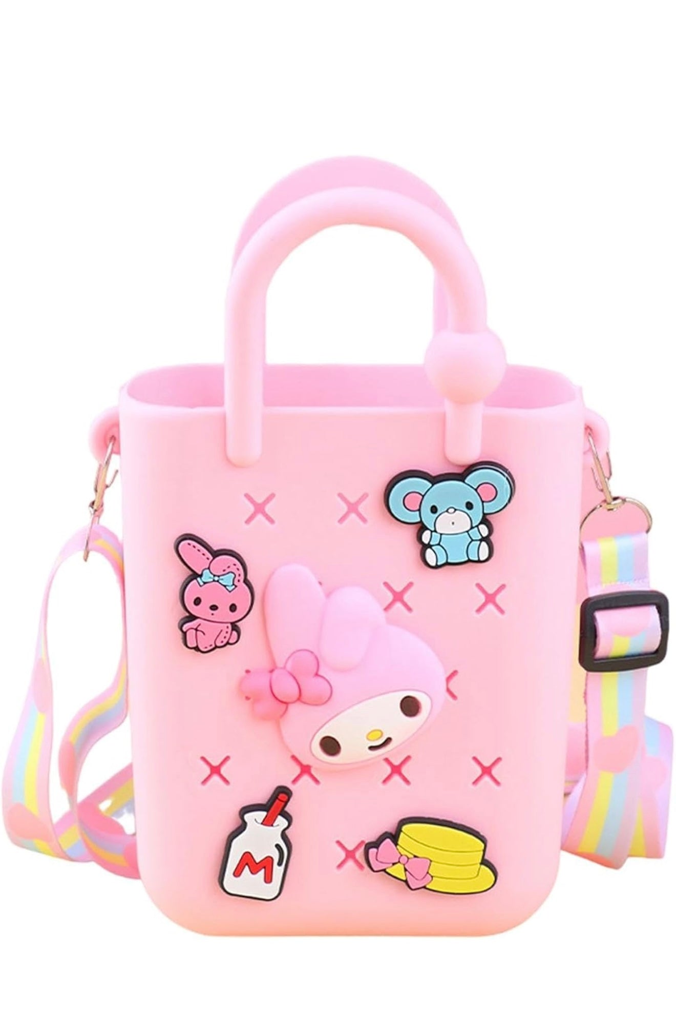 Cute Silicone Mini Tote Bag with Decorative Pins, DIY Customizable Design, Holographic Strap (Pack of 1, Color may vary)