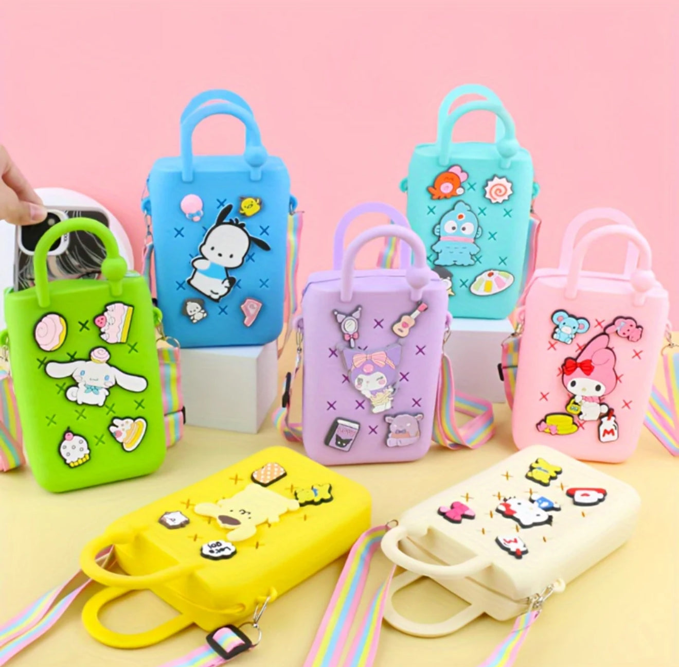 Cute Silicone Mini Tote Bag with Decorative Pins, DIY Customizable Design, Holographic Strap (Pack of 1, Color may vary)
