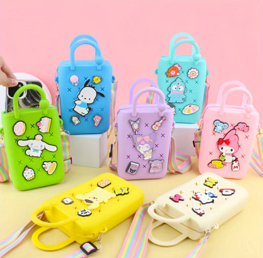Cute Silicone Mini Tote Bag with Decorative Pins, DIY Customizable Design, Holographic Strap (Pack of 1, Color may vary)
