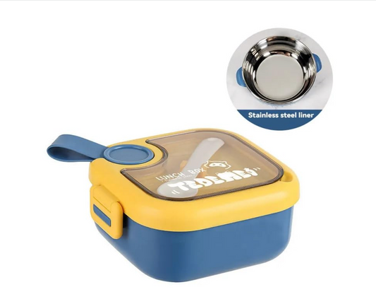 Stainless Steel Lunch Box With Bowl, Spoon and Scissors (Yellow and Blue )