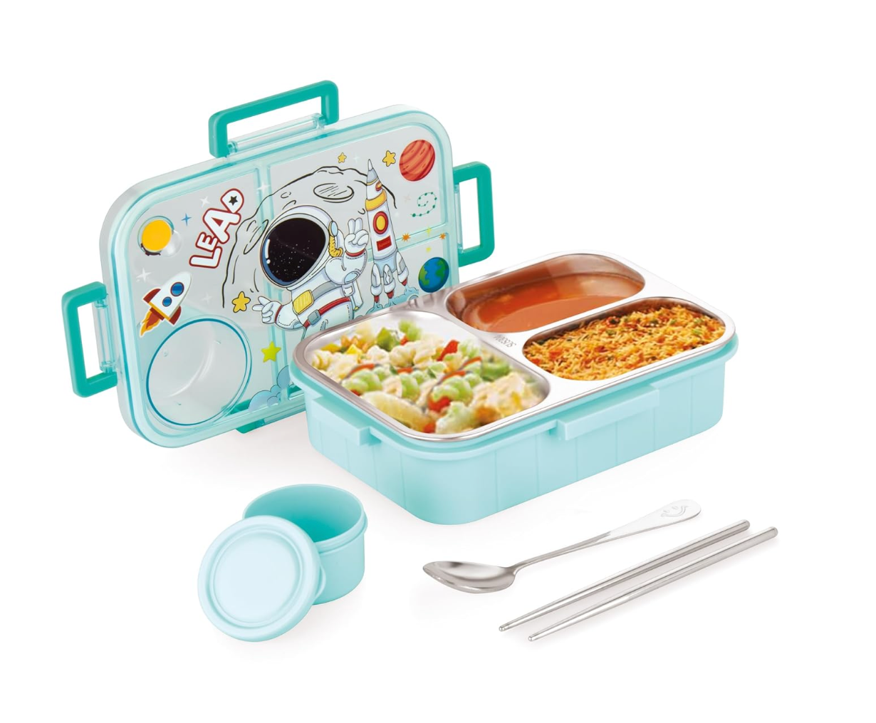 3 Compartment Space Lunch Box With Container, Spoon And Chopsticks
