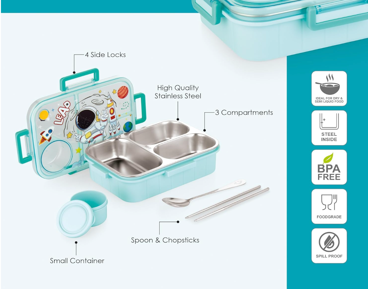 3 Compartment Space Lunch Box With Container, Spoon And Chopsticks