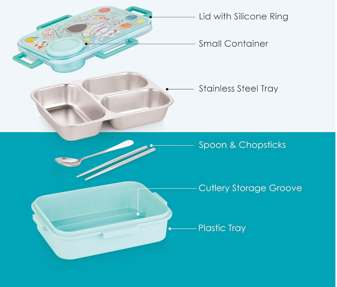 3 Compartment Space Lunch Box With Container, Spoon And Chopsticks