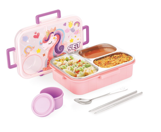 3 Compartment Unicorn Lunch Box With Container, Spoon And Chopsticks