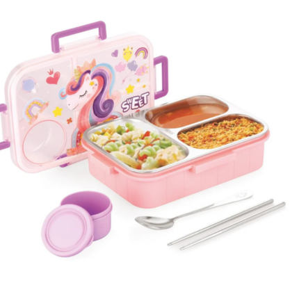 3 Compartment Unicorn Lunch Box With Container, Spoon And Chopsticks