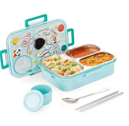3 Compartment Space Lunch Box With Container, Spoon And Chopsticks